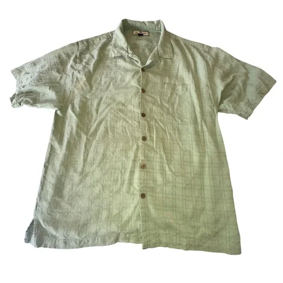 Tommy Bahama Mens Large 100% Silk Short Sleeve Button Down Shirt Sage Green Grid - Picture 2 of 5